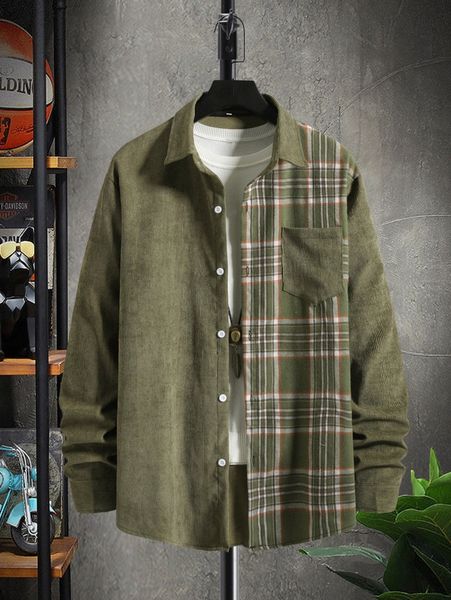 

men 1pc plaid patched pocket corduroy shirt g9us#, White;black