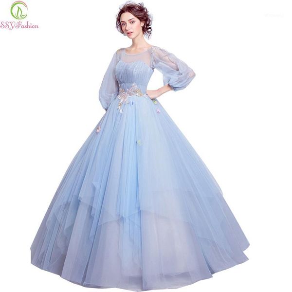 

ssyfashion sweet light blue flower fairy princess prom dress transparent long sleeves sequined party ball1, White;black