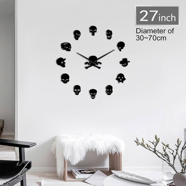 Cabeças de crânio sem moldura DIY 3D acrílico relógio de parede grande agulhas grandes zumbi cabeça gigante arte de parede relógio relógio auto adesivo espelhos superfície lj201204