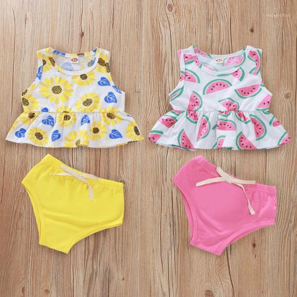 

newborn baby girls clothes set infantil ruffle baby kleding summer sunflower watermelon print vest bow solid shorts outfits1, White