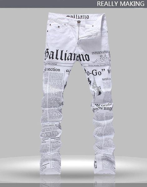 

wholesale-men's john males galliano punk rock nightclub ds dj newspaper printed pattern slim jeans motorcycle jeans1, Blue