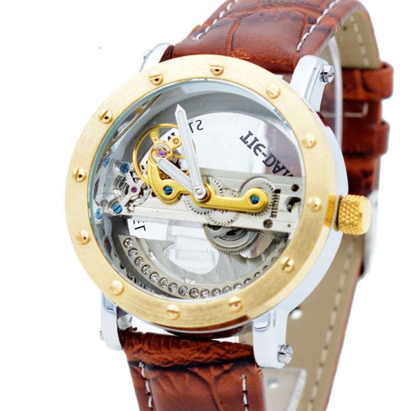 

through double side small movement men's hollow watch automatic mechanical belt watch men's mechanical, Slivery;brown