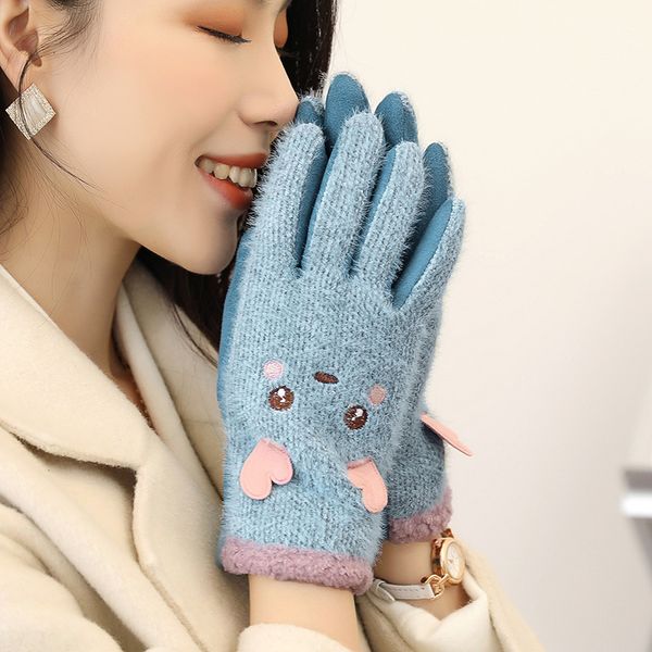 

корейская версия мило студенты зимних перчаток женщина утолщенного плюш теплого задействуя открытой сенсорный экран холодного мультфильм, Blue;gray