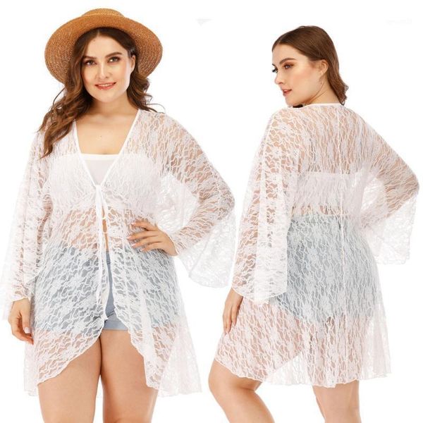 

women's swimwear women lace irregular flared sleeves bikini cover up plus size see through beach dress swimsuit smock blouse cardigan p, White;black