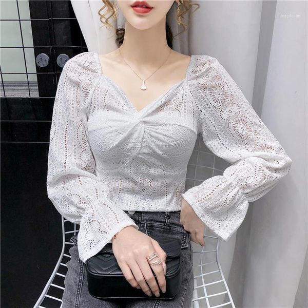 

women's blouses & shirts 2021 autumn women lace shirt fashion casual v-neck hollow out blouse flare sleevee solid color women's1, White