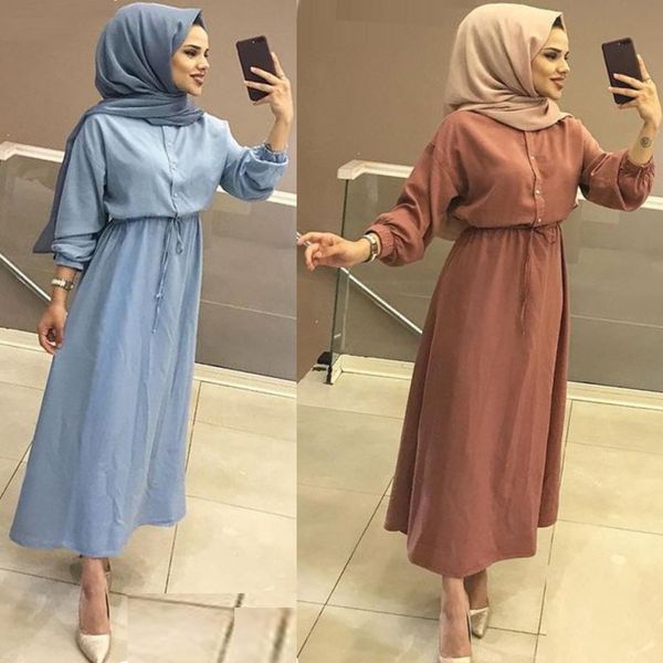 

muslim abaya dresses women sash lace-up elastic waist loose maxi shirt dress arab dubai folk custom islamic clothing plus size, Black;gray