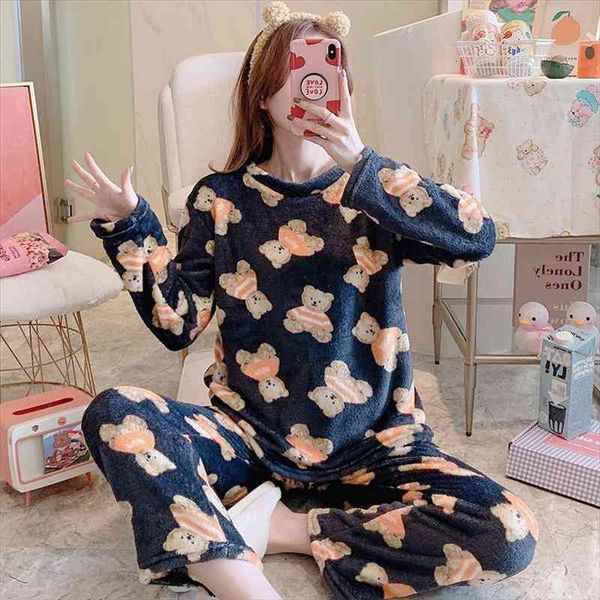 

flannel pajamas women winter han edition long-sleeved thickening and velvet coral fleece leisurewear suit in the fall and winter, Black;red