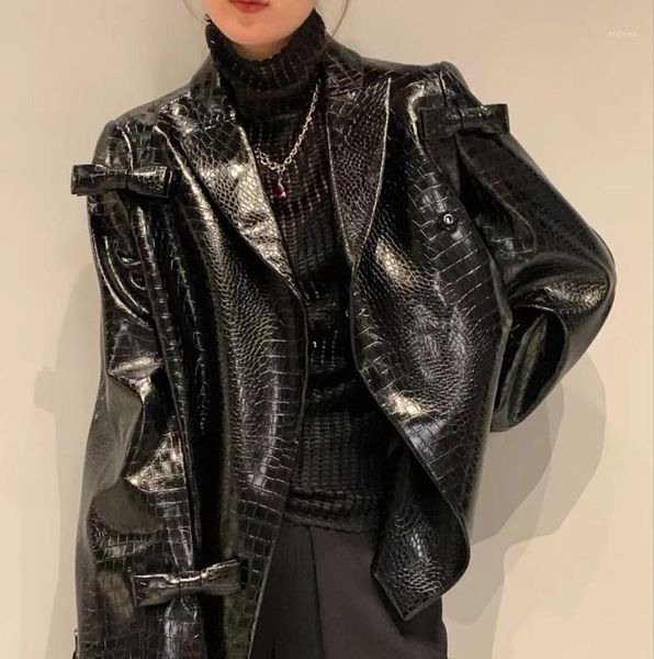 

fashion women's crocodile pattern pu leather jackets female bow stitching glossy fashion pu leather jackets f26131, Black