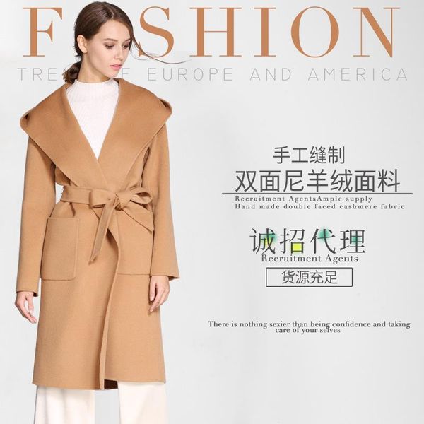 

women's wool & blends handmade double sided woolen overcoat women winter 2021 korean hooded lacing belt bathrobe type long black 100% c