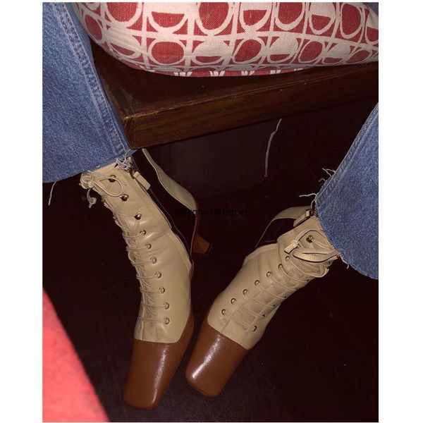 

boots leather patchwork color matching square toe women short thin heel lady lace-up oxfords beige, Black