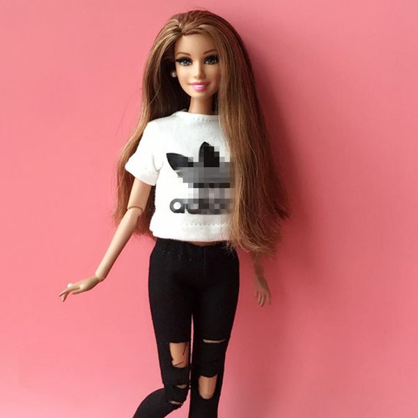 

2pcs/set doll t-shirt +hole jeans fashion 1/6 blyth doll accessories pullip azone 30cm blyth girl pants doll clothing for barbie 1011