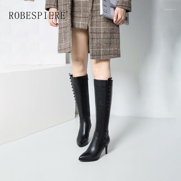 

robespiere 2019 rivet knee high boots for women thin heels quality genuine leather shoes winter warm plush large size boots b761, Black