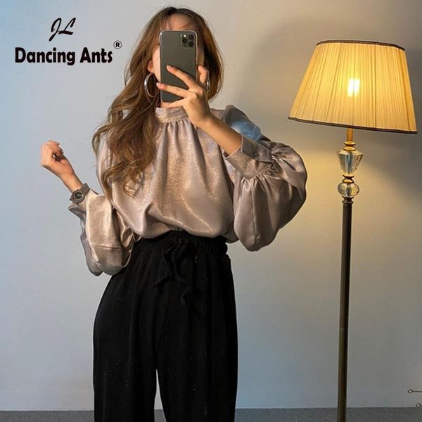 

women solid shirts o-neck long lantern sleeve loose clothing autumn or spring chiffon oversize fashion new casual female blouse, White