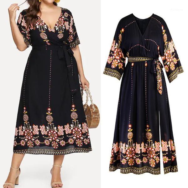 

plus size womens causel mid calf dresses navy floral belt evening party dresses1, White;black
