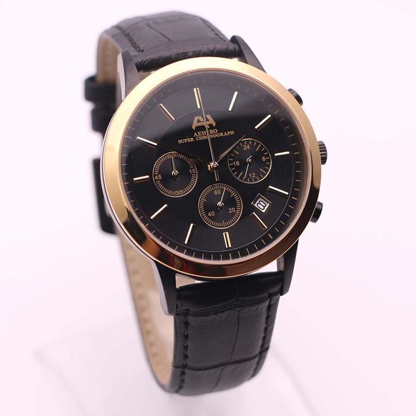 

aehibo quartz battery all subdials working mens watch watches 43mm black dial super chronograph hardlex male wristwatches with pin buckle, Slivery;brown