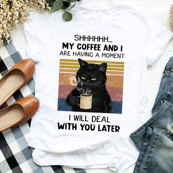 

women lady cartoon cat coffee funny 90s trend fashion print tshirt shirt clothes graphic female t tee womens t shirt, White