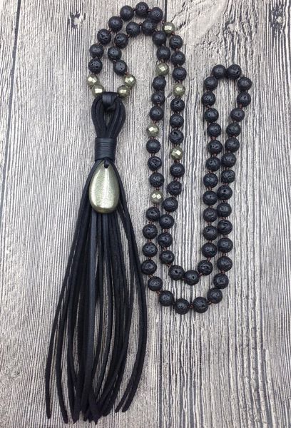 

ya2530 natural pyrite teardrop pendant leather tassel lava stone beads knot handmade necklace, Silver