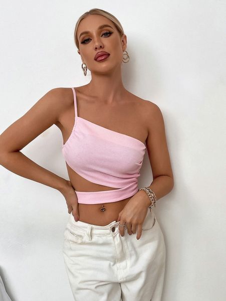 

one shoulder cut out ruched crop cami p2ms#, White