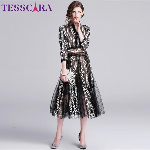 

tesscara женщины роскошные вышивки mesh платье женский элегантный кружева robe femme высокого качества vintage дизайнер длинные партии vesti, Black;gray