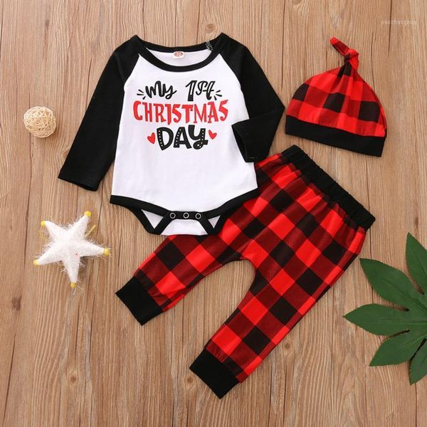 

clothing sets 3 pcs born stripe / plaid outfits, infant patchwork sleeve round neck letter romper elastic waist trousers and beanie set1, White