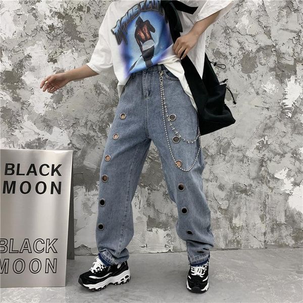 

wide-leg pants women's 2020 new street hip-hop retro hollow out boyfriend long pants loose casual jeans plus size, Blue