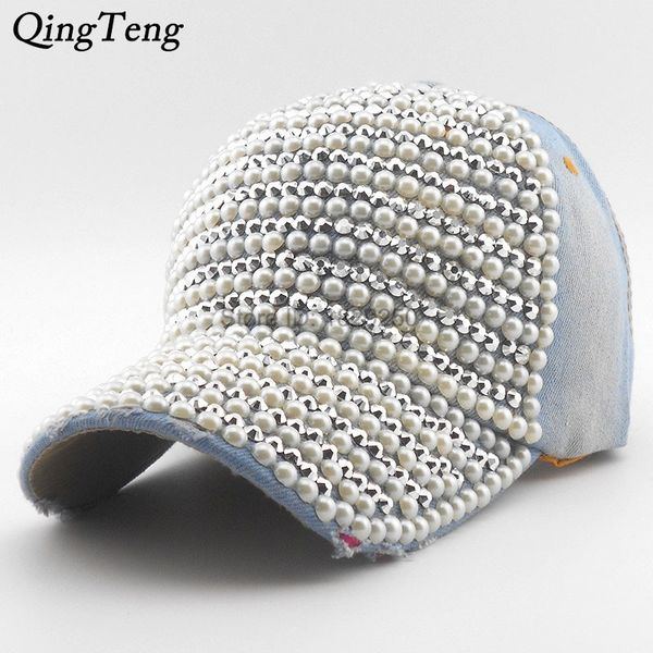 

pearl rhinestone fashion baseball cap brim woman snapback hats denim jeans hip hop women cowboy luxury casquette baseball y200714, Blue;gray