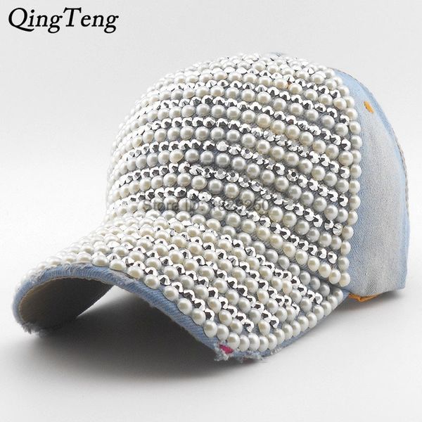 Berretto da baseball di moda con strass di perle Berretto da baseball con visiera Donna Cappelli di snapback Denim Jeans Hip Hop Donna Cowboy Casquette di lusso Baseball Y200714