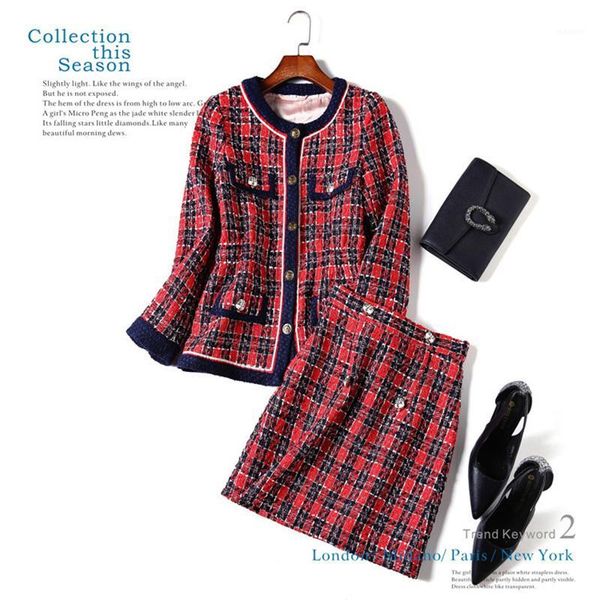 

2018 new autumn winter elegant women formal skirt suits plaid jacket slim skirt runway 2 pieces skirts sets thick outfits1, Gray