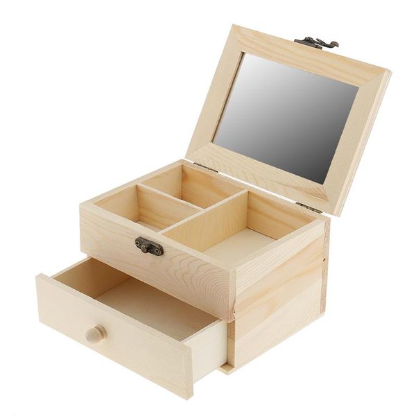

2 layers unifinished plain wooden jewelry box wooden necklace wristband ring display ornament storage box, Pink;blue