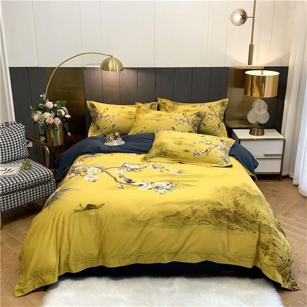 Stampa HD Vintage Fiori Uccelli stampati Copripiumino di colore brillante Lenzuolo spazzolato Morbido set biancheria da letto in cotone egiziano 800TC 4 pezzi 201021