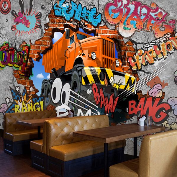 3D Kırık Tuğla Duvar Graffiti Karikatür Arabalar Duvar Restaurant Boys Yatak Odası Duvar Dekor Dokumasız Özelleştirmek Boyutu 3d Duvar Kağıdı