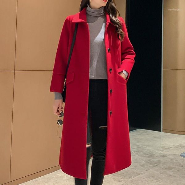

winter overcoat women wool coat fashion skinny long jackets turn down colalr pocket black red blends coats female thick clothes1