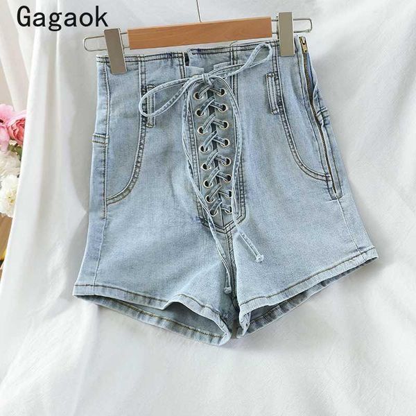

gagaok streetwear women denim short 2020 summer new solid high zipper bandage slim casual fashion wild korean shorts1, White;black