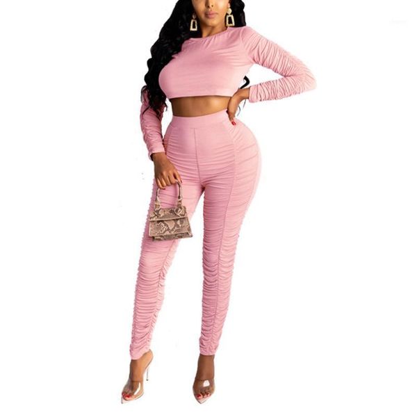 

women casual 2 piece sports outfits, long sleeve crop high waist bodycon long pants pleated tight training suit1, Gray