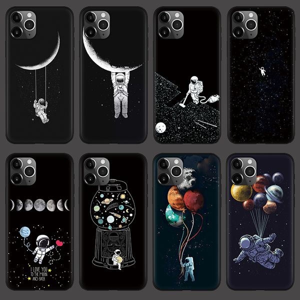 

cartoon matte astronaut black case for iphone 11 12 pro max mini x xs xr se 2020 max for iphone 7 8 6 6s 5 5s se plus soft coque