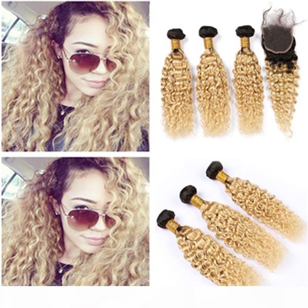 

water wave brazilian human hair #1b 613 ombre 3bundles with closure blonde ombre wet and wavy hair weaves with lace front closure 4x4, Black