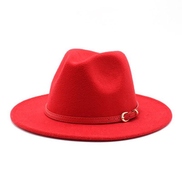 

wide brim hats fedora women solid with belt buckle classic men birm band red green white felted formal dress casual, Blue;gray