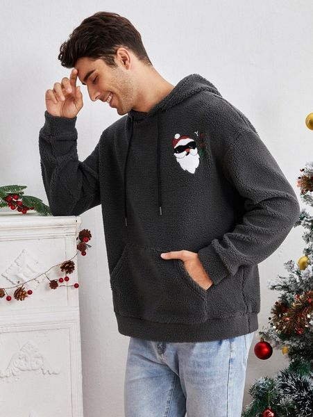 

men embroidery christmas pattern teddy drawstring hoodie z6c4#, Black