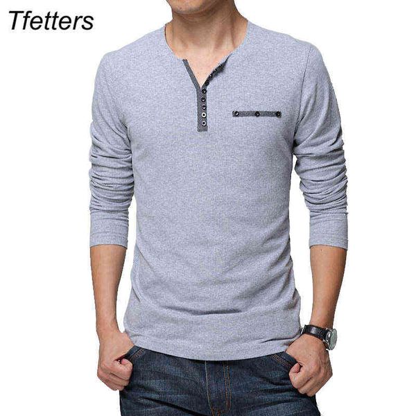 TFETTERS T-shirt da uomo stile europeo autunno moda colletto con bottoni manica lunga tinta unita vestibilità regolare top in cotone G1229