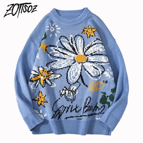 

zottsoz sweaters streetwear hip hop casual harajuku men women fashion graffiti knitted daisy knit pullover jumpers coat 1, White;black