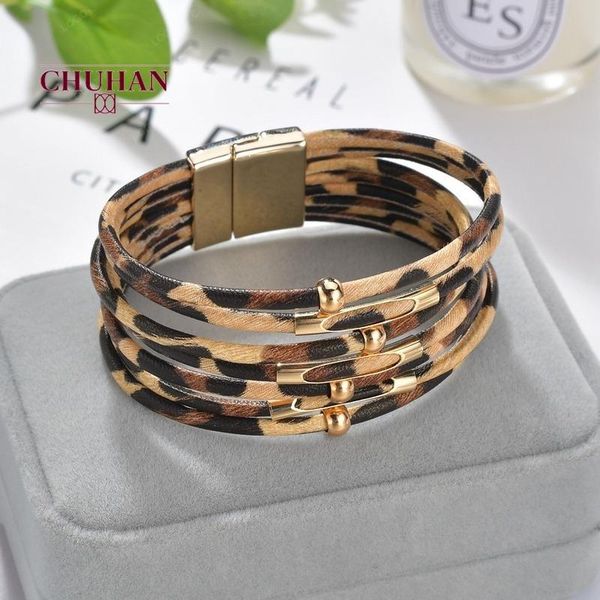 

chuhan горячий продавая женщин layered браслет 2020 мода leopard pattern из бисера сплава магнит пряжка кожаный браслет c246, Golden;silver