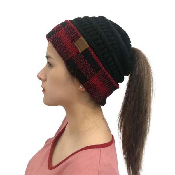 

beanie/skull caps xeongkvi europe america grid flanging horsetail cap autumn winter warm knitted hats for women fashion christmas gift, Blue;gray