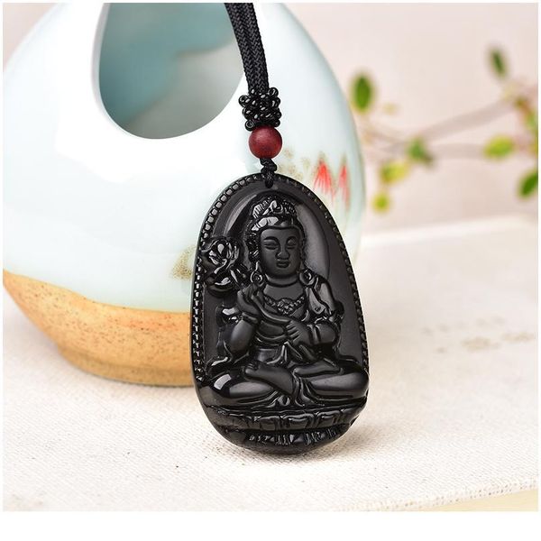 

1pc natural black obsidian carved buddha pendant lucky amulet energy stone beads necklace fashion jewelry gift random qylswz