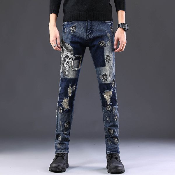 

men's youth stretch embroidery indian jeans straight pants, Blue