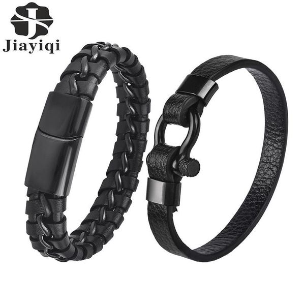 

charm bracelets jiayiqi men black leather bracelet stainless steel clasp bangle 2021 fashion mens wristand jewelry accessories, Golden;silver