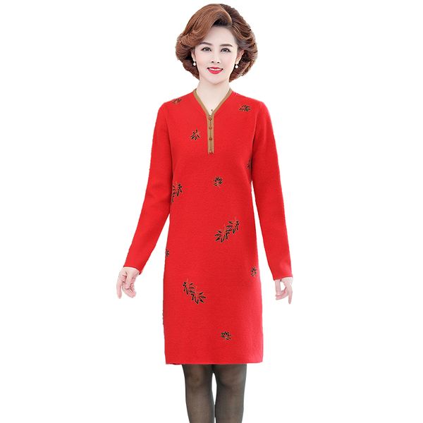 

2021 new mother autumn winter sweater dress women plus size 5xl middle elderly lady mid-long new hedging bottoming wool dresses wnim, Black;gray