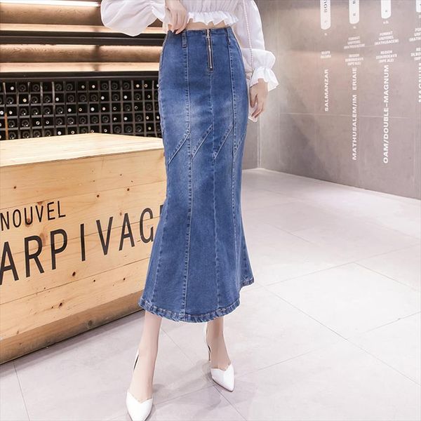 

new fish tail denim skirt women zipper empire high waist mid calf mermaid trumpet skirt jeans faldas mujer moda 2020 b98695, Black