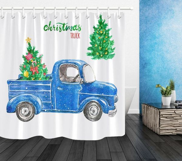 

watercolor christmas truck tree bathroom shower curtain set waterproof fabric1