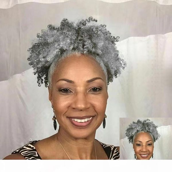 

short messy curly granny gray bun hair extension for women easy stretch hair combs clip in ponytail scrunchie chignon tray ponytail grey, Black