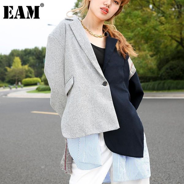 

eam] women blue striped irregular blazer new lapel long sleeve loose fit jacket fashion tide spring autumn 2021 1n901021, White;black